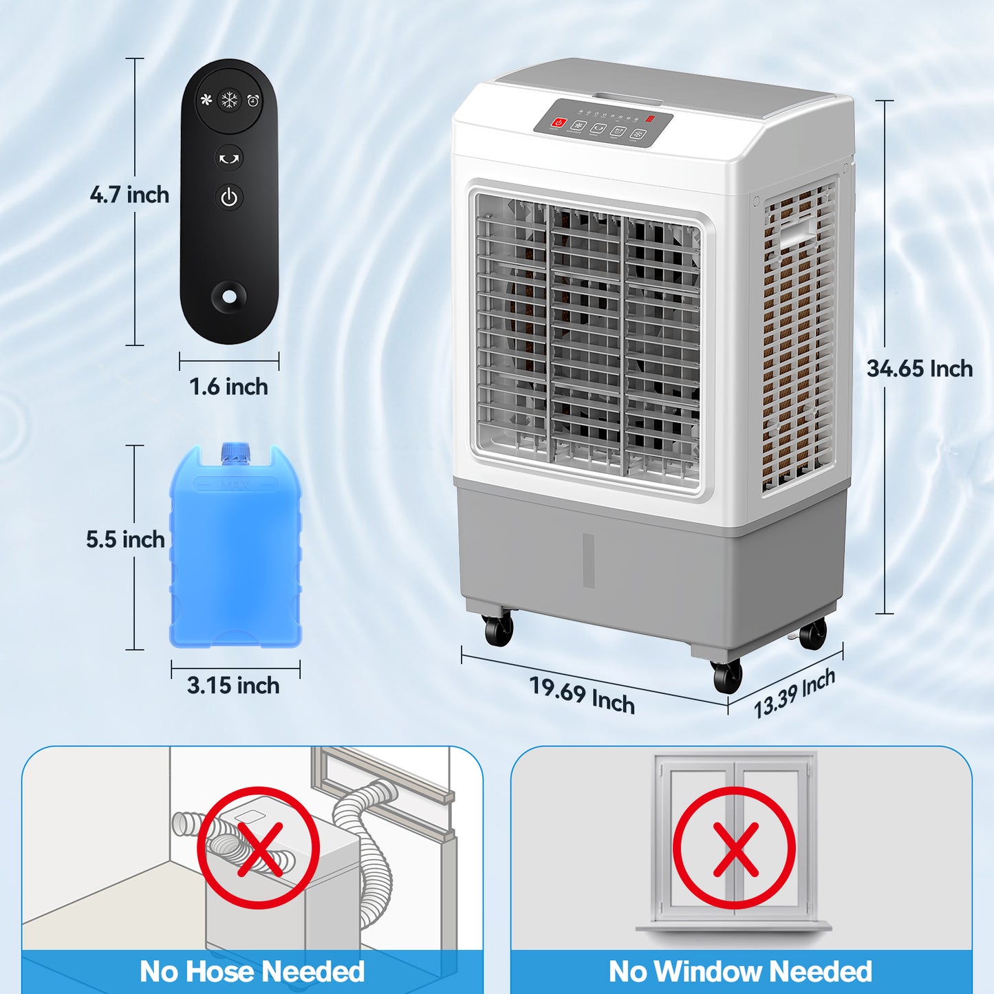 Windowless Portable Air Conditioner, Large Swamp Cooler with 8.1 Gal Water Tank, 3 in 1 Evaporative Cooler, Hoseless Ventless Fan Ac Unit, Remote, 7H Timer, 4 Ice Box for Garage, Home, Outdoor, Grey