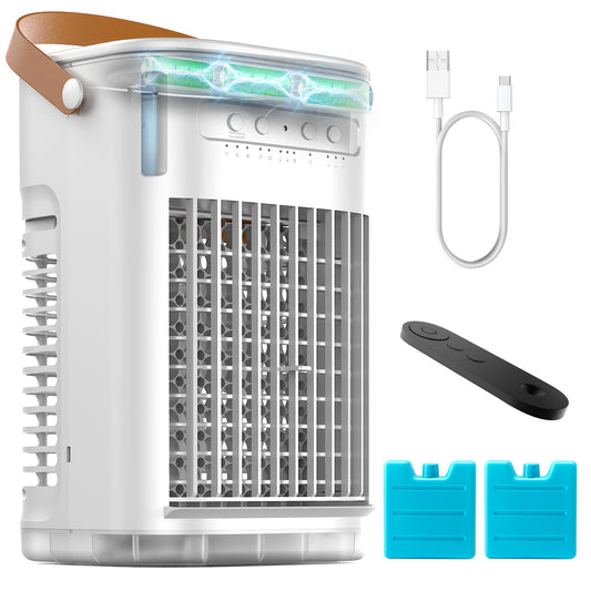 Mini Evaporative Air Cooler, Rechargeable Built-in Battery, Portable Desktop Air Cooler w/Remote, 7H Auto-off, 1.2L Water Tank & 2 Ice Packs, Personal Cooling Fan For TableHomeOffice/Outdoor, White