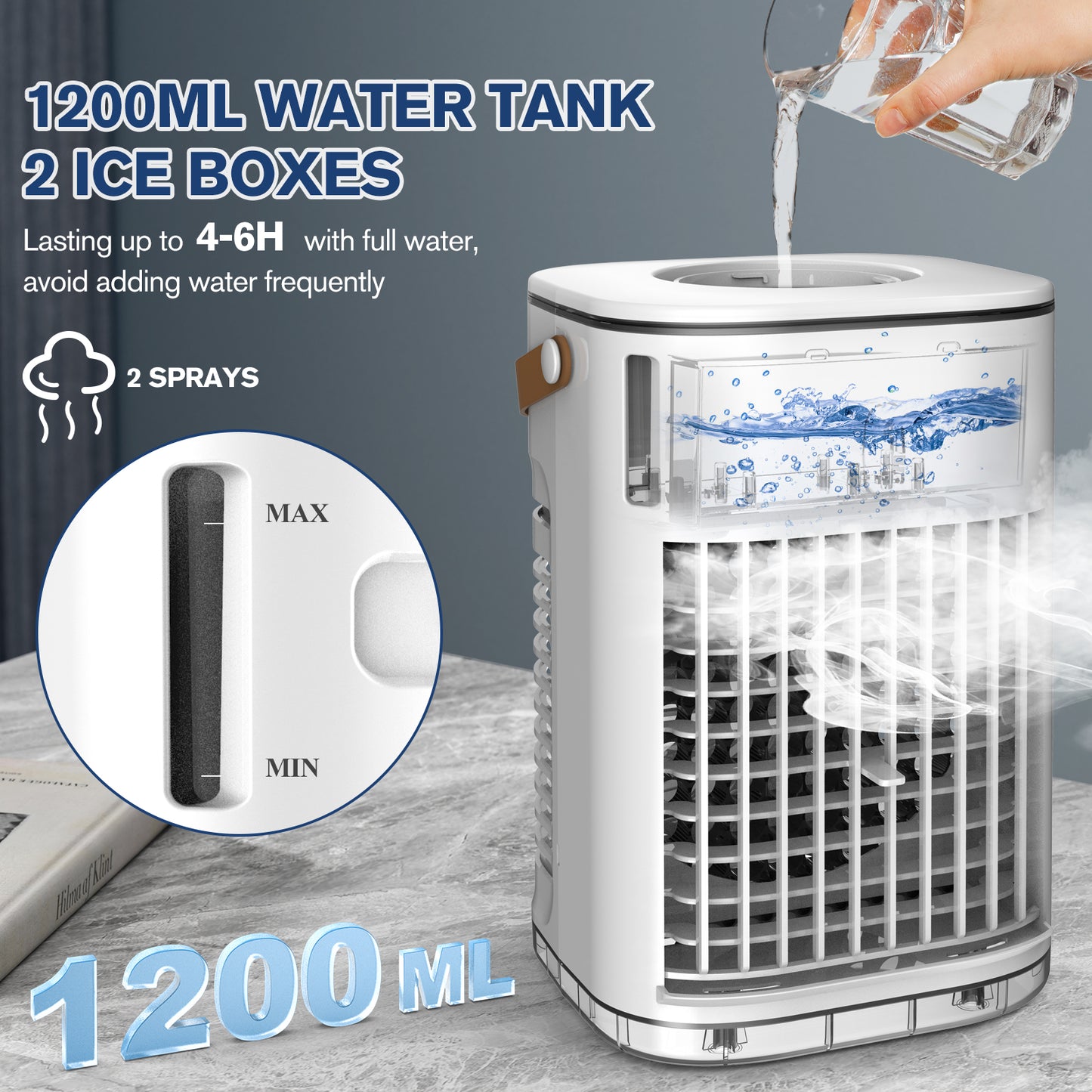 Mini Air Conditioner For USB Powered, Portable Evaporative Air Cooler w/Remote, Water Tank & 2 Ice Packs & 2 Sprays, 7H Auto-off, 3 Speeds, Personal Cooling Fan For Desktop,Car,Camping, Off White