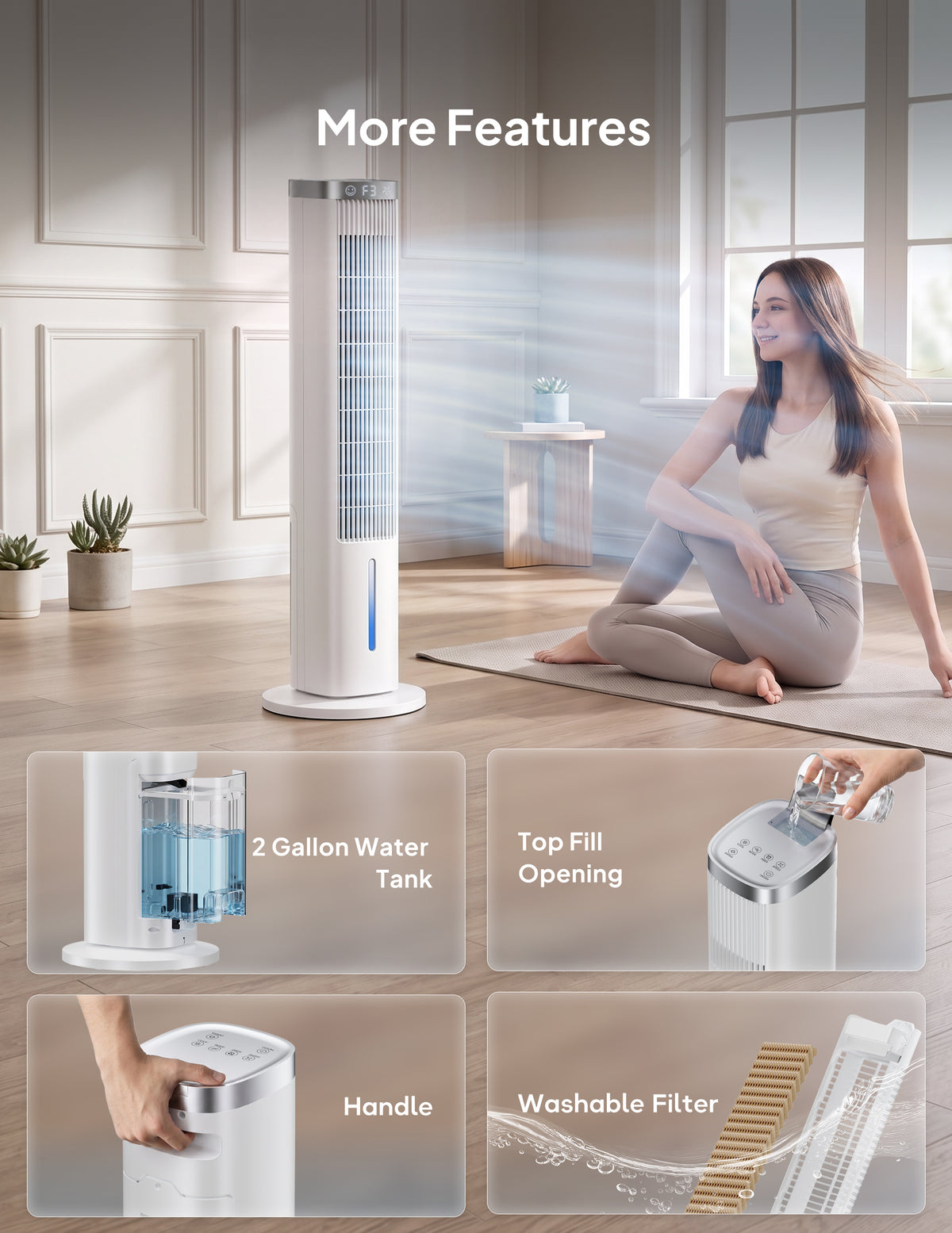 Windowless Portable Air Conditioner, 38.8" Evaporative Air Cooler for Room No Window, 12H Timer, 4 Modes, Remote Control, 120° Max Oscillating, Large Water Tank, Quiet AC Unit for Bedroom, White